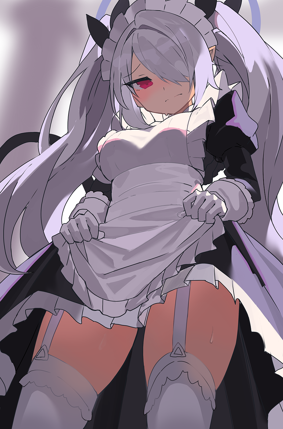 1girl black_dress blue_archive breasts clothes_lift dress dress_lift falken_(yutozin) highres iori_(blue_archive) maid red_eyes solo white_hair