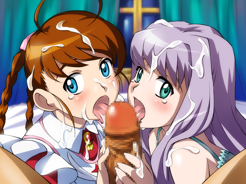 00s 1boy 2girls arika_yumemiya bed blue_eyes blush brown_hair censored cooperative_fellatio cum cum_on_body cum_on_hair facial fellatio green_eyes licking long_hair maid mashiro_blan_de_windbloom multiple_girls my-hime my-otome oral penis pov purple_hair sameha_ikuya sunrise_(company) teamwork_(sexual) tears tongue window