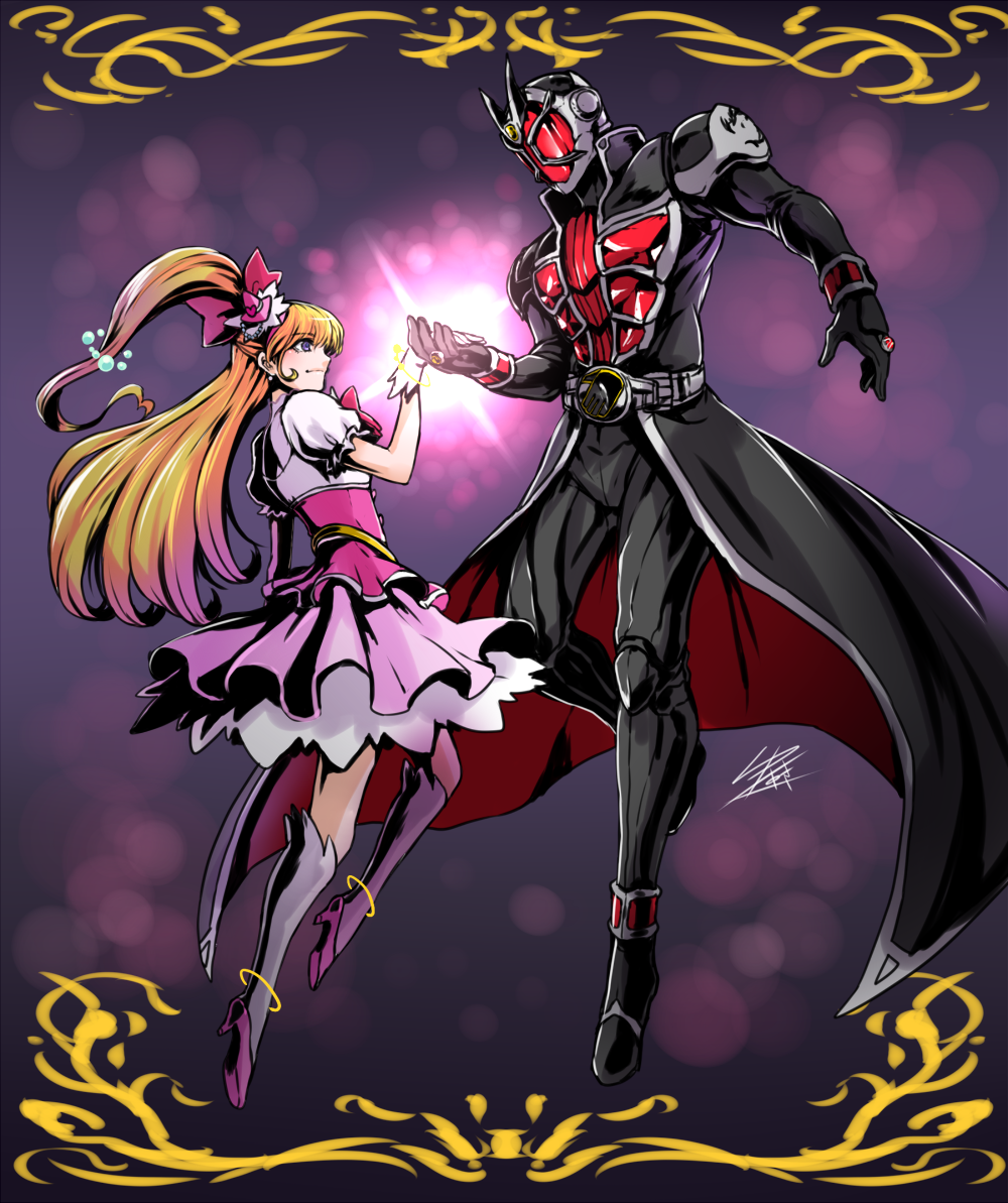 1boy 1girl asahina_mirai bad_id bad_pixiv_id blonde_hair coat crossover cure_miracle dress helmet hetero holding_hands jewelry kamen_rider kamen_rider_wizard kamen_rider_wizard_(series) magical_girl mahou_girls_precure! pink_dress precure rider_belt ring side_ponytail souma_haruto trait_connection trench_coat yusuki_(fukumen)