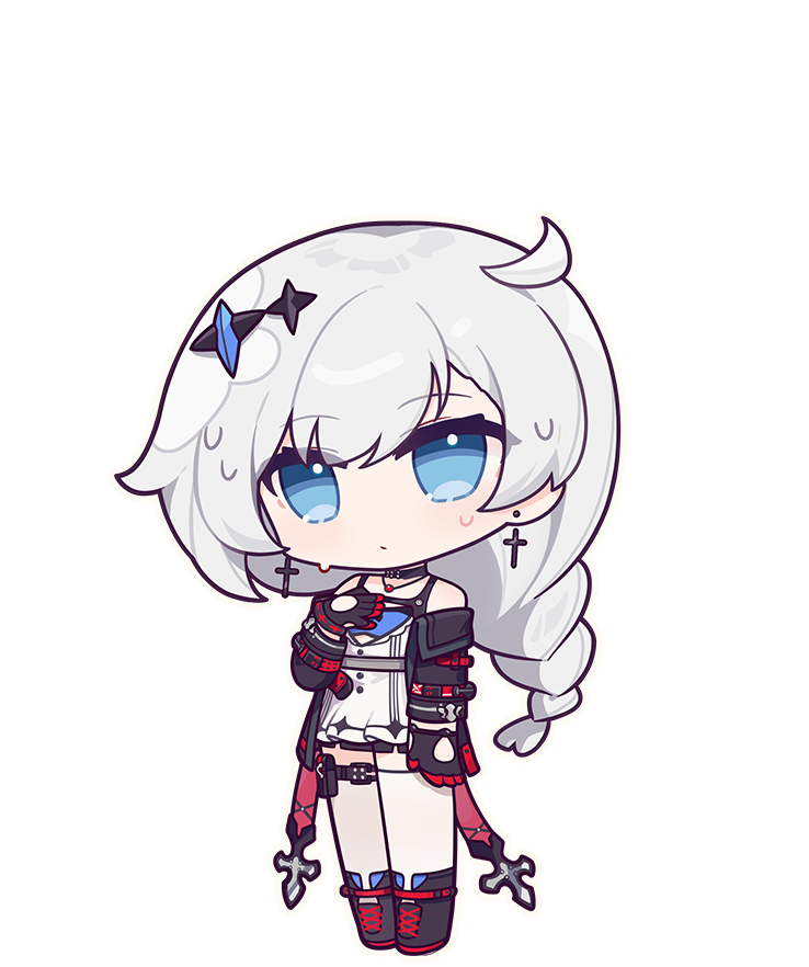 1girl black_choker black_gloves black_jacket blue_eyes boots braid braided_ponytail chibi choker closed_mouth cross cross_earrings dress earrings eta full_body gloves hair_ornament honkai_(series) honkai_impact_3rd jacket jewelry kallen_kaslana kallen_kaslana_(sin_hunter) long_hair looking_at_viewer necklace official_art solo standing sweat third-party_source white_dress white_hair