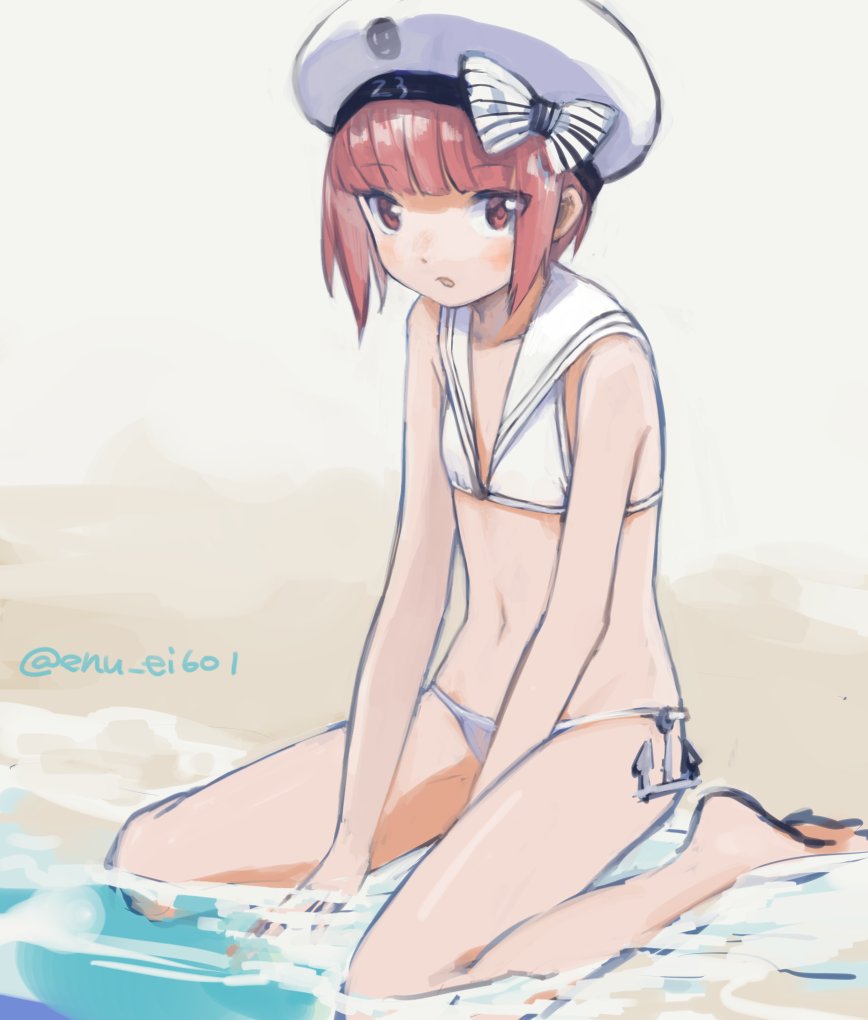 1girl barefoot bikini blunt_bangs bow brown_eyes brown_hair flat_chest hat hat_bow kantai_collection karamomo looking_at_viewer one-hour_drawing_challenge parted_lips sailor_bikini sailor_collar sailor_hat short_hair simple_background sitting solo swimsuit twitter_username water white_bikini white_hat white_sailor_collar z3_max_schultz_(kancolle) z3_max_schultz_(swimsuit)_(kancolle)