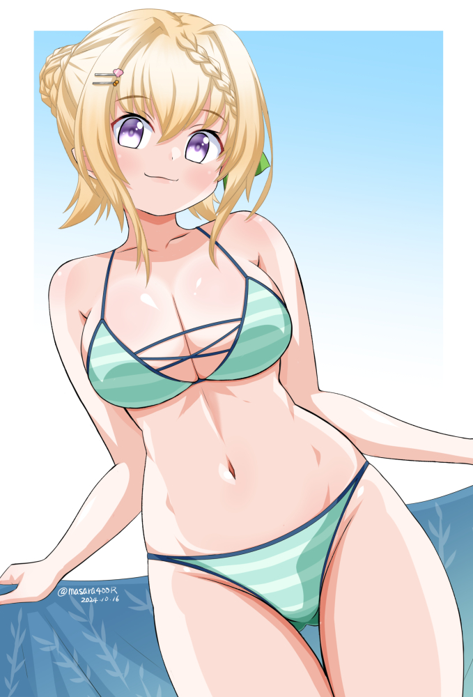 1girl :3 bikini blonde_hair blue_background blue_sarong braid braided_bangs braided_bun breasts cleavage gluteal_fold gradient_background hair_bun kantai_collection large_breasts masara_(chuujou) navel official_alternate_costume one-hour_drawing_challenge perth_(kancolle) perth_(swimsuit)_(kancolle) purple_eyes sarong short_hair sidelocks solo striped_bikini striped_clothes swimsuit thigh_gap unworn_sarong