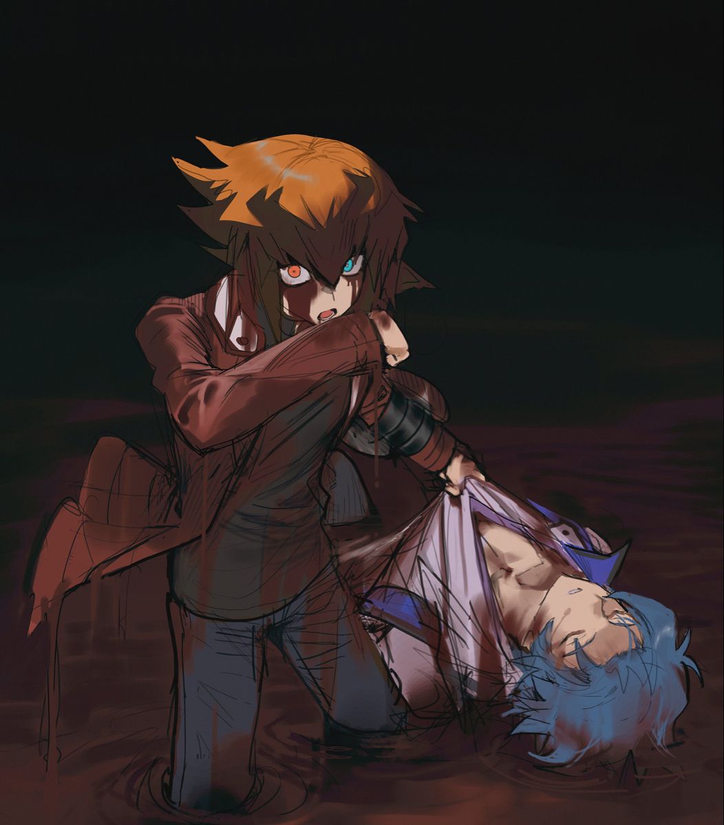 2boys black_background black_shirt blood blood_on_clothes blood_on_face blood_on_ground blue_jacket brown_hair closed_eyes denim guro held_up heterochromia highres jacket jeans johan_andersen looking_at_viewer male_focus multiple_boys open_clothes open_jacket pants pool_of_blood red_jacket shirt white_shirt wiping_mouth yu-gi-oh! yu-gi-oh!_gx yuki_judai