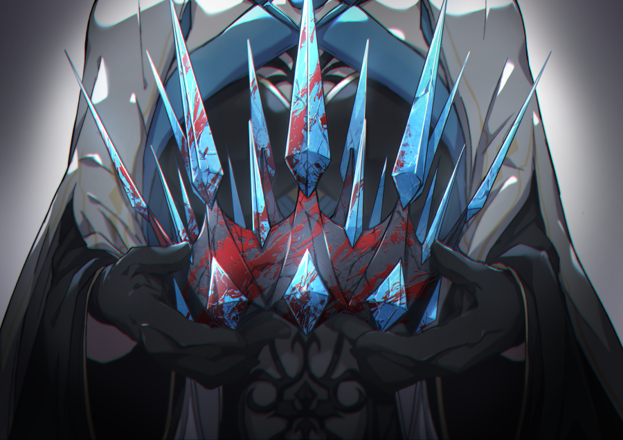 1girl black_gloves blood blood_stain crown fate/grand_order fate_(series) gloves holding holding_crown long_hair masaki_(star8moon) morgan_le_fay_(fate) morgan_le_fay_(queen_of_winter)_(fate) solo