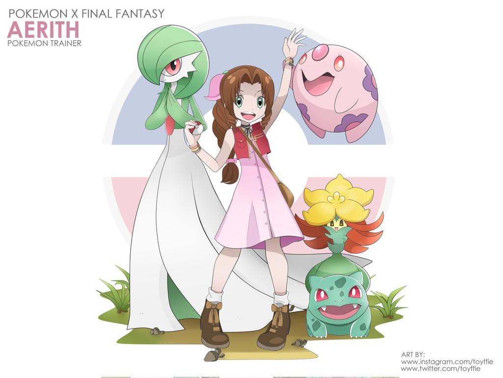 1girl aerith_gainsborough alternate_costume bag bangle bare_shoulders black_choker boots bracelet braid braided_ponytail brown_footwear bulbasaur character_name choker cropped_vest crossover dress final_fantasy final_fantasy_vii final_fantasy_vii_remake flat_chest full_body gardevoir gen_1_pokemon gen_3_pokemon gen_5_pokemon gen_8_pokemon gossifleur grass green_eyes hand_up instagram_username jewelry long_hair looking_at_viewer materia munna nintendo open_mouth parted_bangs pink_dress pink_ribbon poke_ball pokemon pokemon_(creature) red_vest ribbon ribbon_choker rock shoulder_bag sidelocks smile socks standing teeth toyffie twitter_username upper_teeth_only vest white_background white_socks