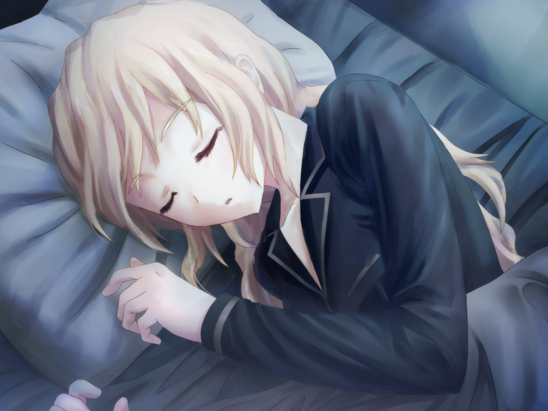 1girl artist_request bed black_shirt blanket blonde_hair closed_eyes collared_shirt eyelashes game_cg katawa_shoujo long_hair long_sleeves lying non-web_source official_alternate_costume official_art open_mouth pillow satou_lilly shirt sleeping solo under_covers