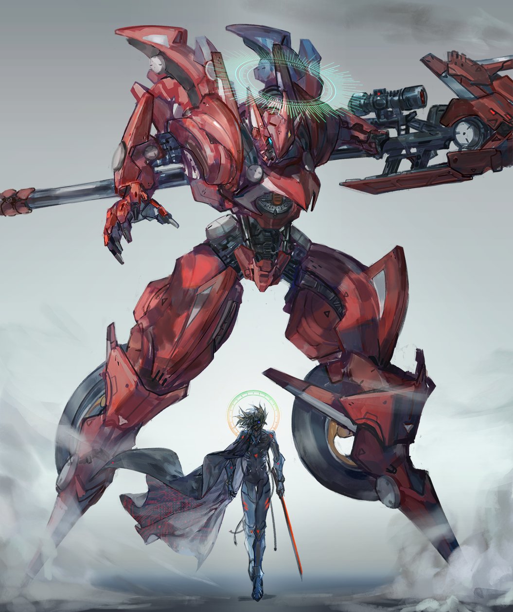 1boy axe bad_id bad_twitter_id black_cape black_hair black_pants black_shirt cape character_request duel_monster exoskeleton facing_viewer fudo_yusei grey_background highres holding holding_axe holding_sword holding_weapon male_focus mecha mechanical_arms mechanical_legs momentcorefly outdoors pants robot shirt smoke spiked_hair sword walking_towards_viewer weapon wind yu-gi-oh! yu-gi-oh!_5d&#039;s