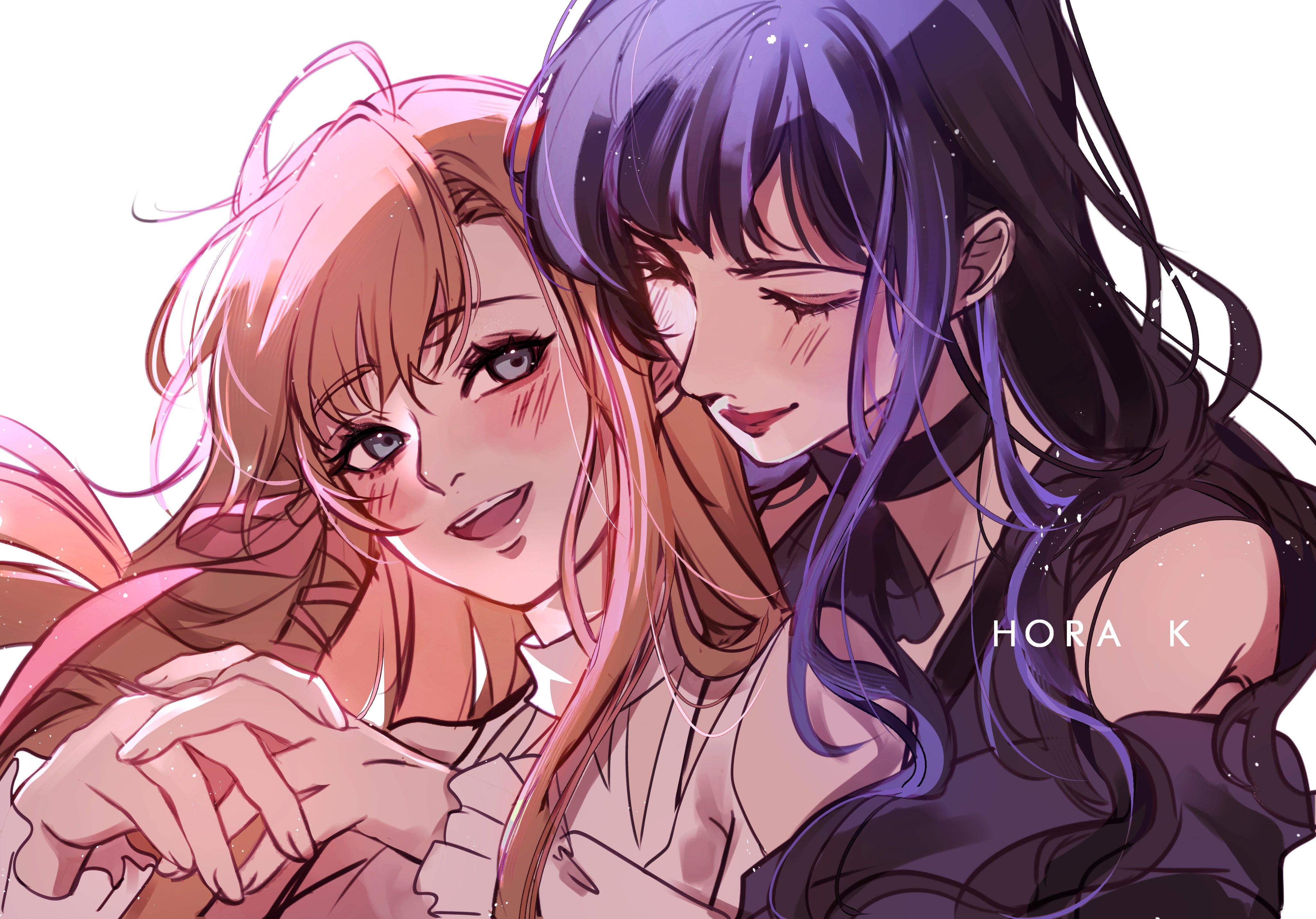2girls :d absurdres artist_name ascot bare_shoulders black_ascot black_hair blush closed_eyes commentary couple english_commentary final_fantasy final_fantasy_xiv floating_hair front-to-back gaia_(ff14) grey_eyes hair_ribbon highres hora_k looking_at_another multiple_girls open_mouth orange_hair own_hands_together pink_ribbon portrait red_lips ribbon ryne_waters simple_background smile white_background yuri