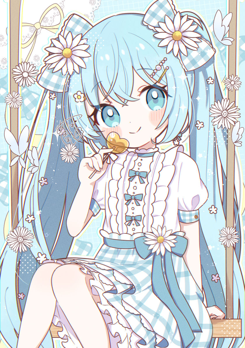 1girl aobahosino blue_background blue_bow blue_eyes blue_hair blue_skirt blush_stickers bow bug butterfly candy center_frills closed_mouth commentary feet_out_of_frame flower food frilled_skirt frills hair_bow hair_flower hair_ornament hairclip hatsune_miku heart heart-shaped_food heart-shaped_lollipop holding holding_candy holding_food holding_lollipop insect lollipop long_hair looking_at_viewer on_swing plaid_bow plaid_clothes plaid_skirt shaped_lollipop shirt short_sleeves sitting skirt smile solo swing twintails vocaloid white_shirt