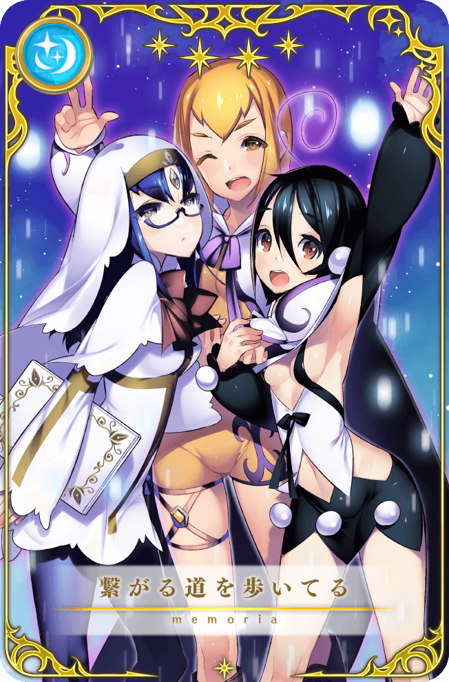 3girls ahoge armpits black_bow black_cape black_hair black_pantyhose black_skirt black_sleeves blue_background blue_hair bob_cut book bow bowtie breasts brown_bow brown_bowtie brown_eyes cape capelet card_(medium) cleavage_cutout clothing_cutout coif cowboy_shot detached_sleeves dress expressionless forehead_jewel frilled_sleeves frills game_cg glasses group_hug hair_between_eyes hand_up happy holding holding_book hug kazumi_(madoka_magica) light_particles long_hair long_sleeves looking_at_viewer magia_record:_mahou_shoujo_madoka_magica_gaiden magical_girl mahou_shoujo_kazumi_magica mahou_shoujo_madoka_magica maki_kaoru microskirt misaki_umika multiple_girls navel neck_ribbon no_headwear official_art one_eye_closed open_mouth orange_hair orange_shorts outline palms pantyhose parted_lips picture_frame pom_pom_(clothes) purple-framed_eyewear purple_outline purple_ribbon ribbon shirt short_dress short_hair shorts side_slit skirt sleeves_past_wrists small_breasts smile star_(symbol) stomach_cutout teeth tensugi_takashi tight_clothes translated underboob upper_teeth_only veil white_capelet white_dress white_shirt white_veil