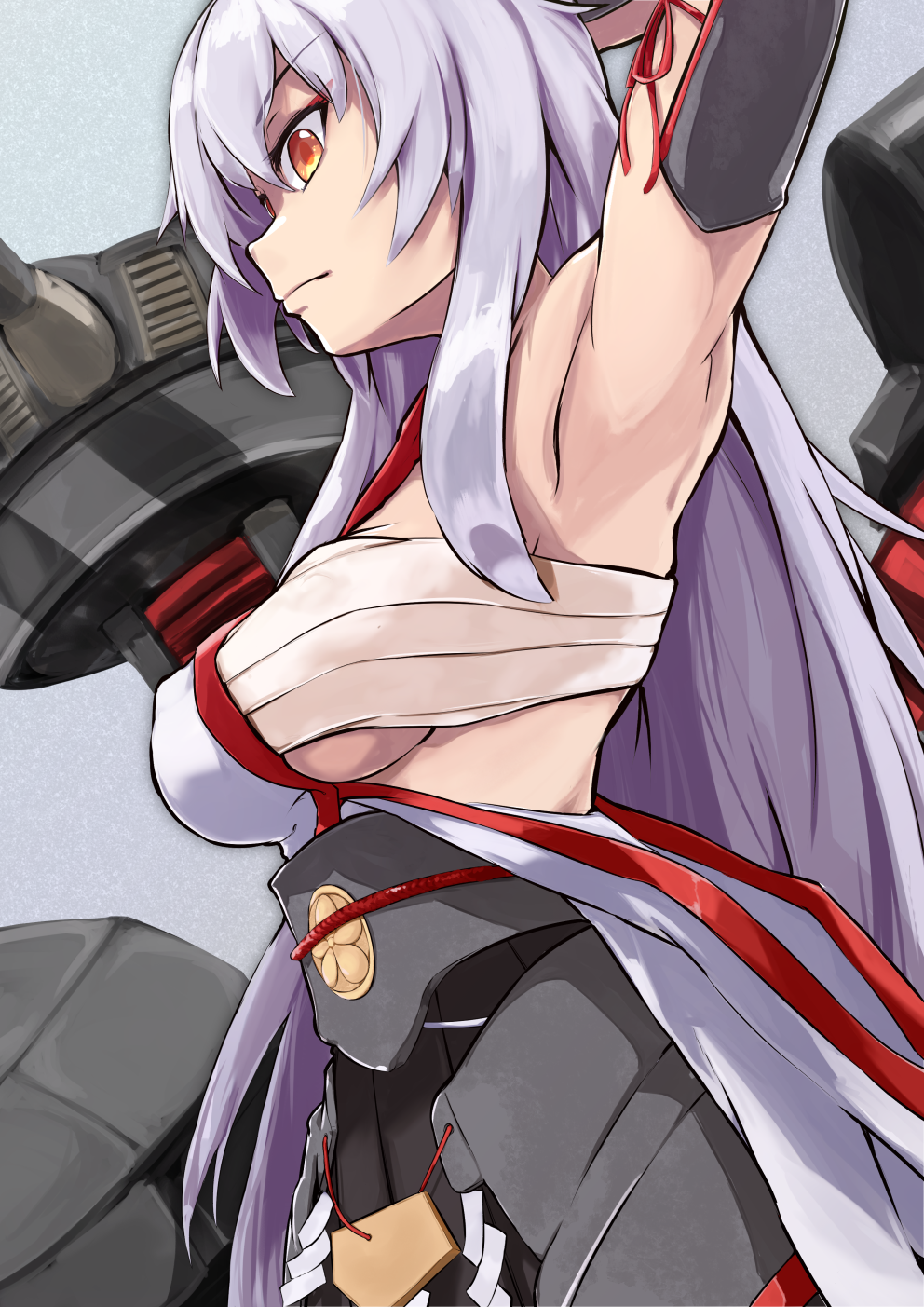 1girl arm_up armpits azur_lane black_skirt breasts closed_mouth commentary cowboy_shot expressionless grey_background grey_hair hadanugi_dousa hakama hakama_skirt highres hyuuga_(azur_lane) japanese_clothes kimono long_hair looking_at_viewer looking_down marshall_k medium_breasts open_clothes open_kimono orange_eyes sarashi simple_background skirt solo underboob very_long_hair white_kimono