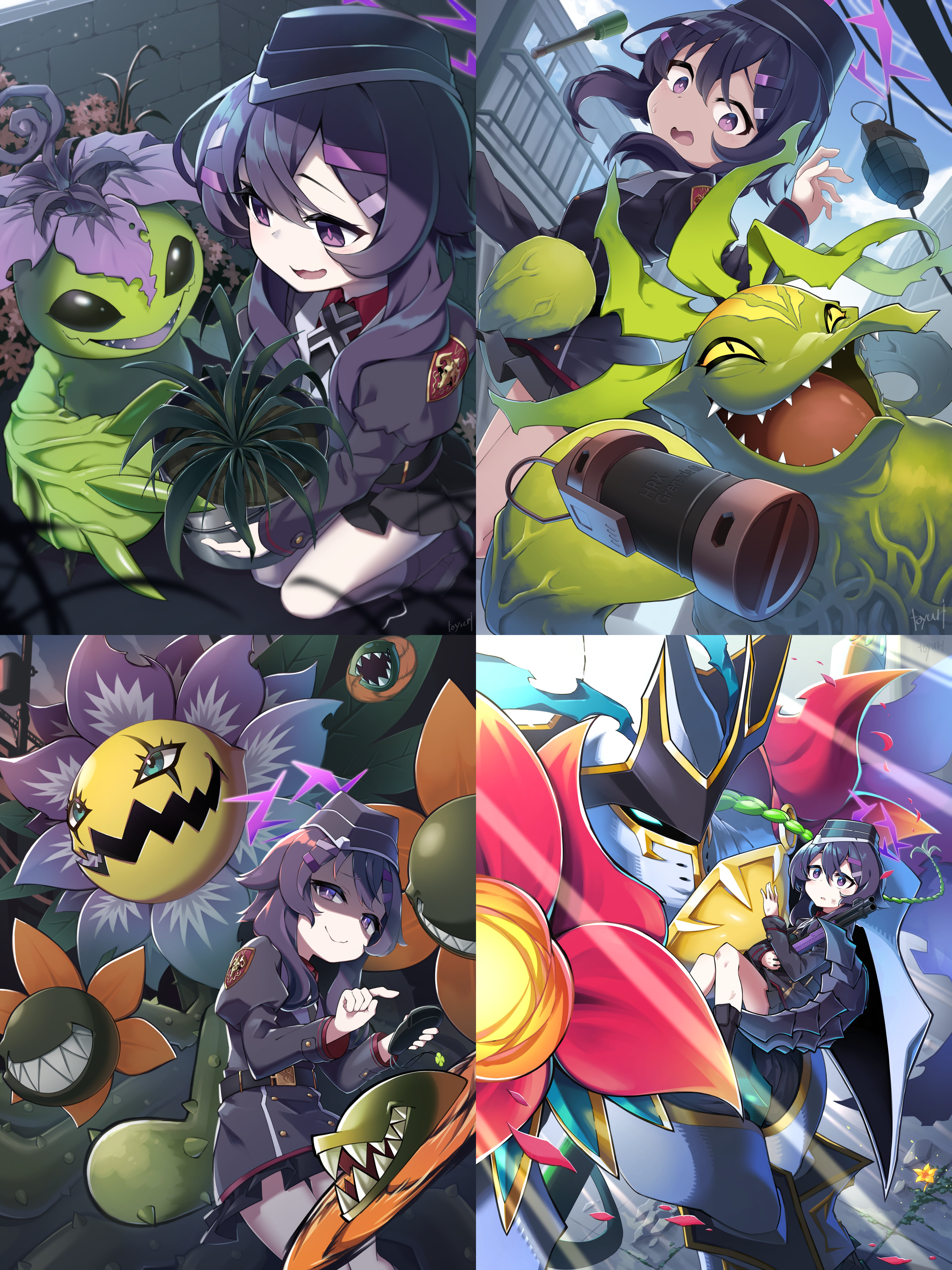 1girl absurdres alraumon armor bloomlordmon blossomon blue_archive blue_eyes crossover digimon digimon_(creature) evolutionary_line flower full_armor haruka_(blue_archive) hat highres lance looking_at_another original petals polearm weapon zassoumon