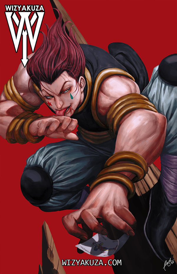 1boy artist_name card facial_tattoo grin hisoka_(hunter_x_hunter) holding holding_card hunter_x_hunter joker_(playing_card) licking male_focus playing_card pointy_hair puffy_pants red_background red_hair simple_background smile solo squatting tattoo teardrop tongue tongue_out v-shaped_eyebrows vest wizyakuza yellow_eyes