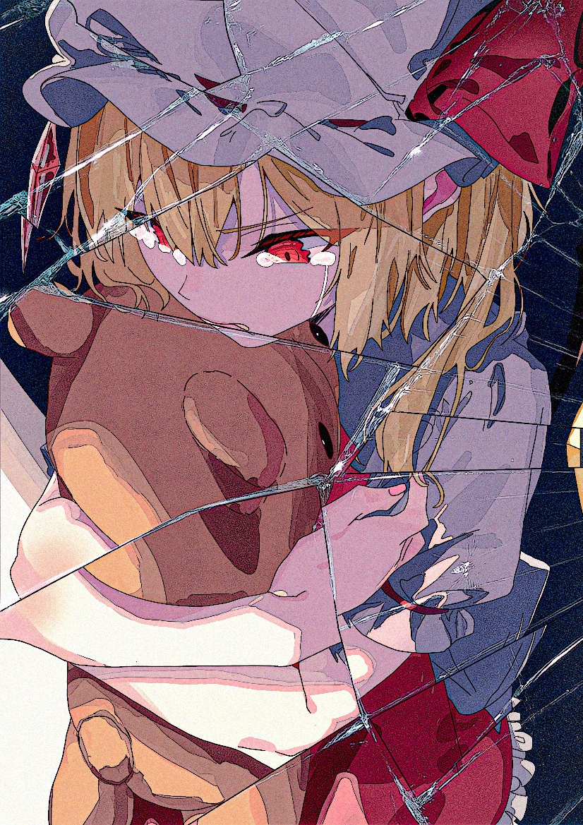 1girl ascot blonde_hair chamal_z closed_mouth crying crying_with_eyes_open crystal crystal_wings flandre_scarlet frilled_shirt_collar frills hair_between_eyes hat hat_ribbon looking_at_viewer mirror mob_cap red_eyes red_ribbon red_skirt red_vest ribbon shattered shirt short_sleeves skirt solo stuffed_animal stuffed_toy tearing_up tears teddy_bear touhou vest wings