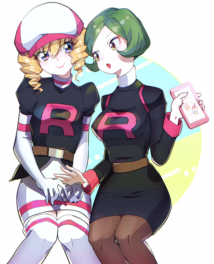2girls blonde_hair blue_eyes domino_(pokemon) gloves green_hair holding holding_phone looking_at_another multiple_girls nintendo open_mouth p_em phone pokemon pokemon_(anime) pokemon_(classic_anime) short_hair sitting team_rocket team_rocket_uniform wendy_(pokemon) white_footwear white_gloves