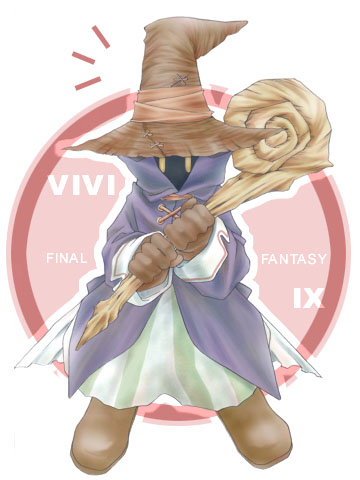 1boy bad_id blue_coat brown_gloves brown_hat brown_shoes character_name coat commentary_request copyright_name final_fantasy final_fantasy_ix full_body gloves green_pants hands_up hat hat_ribbon holding holding_staff lowres male_focus notice_lines outline pants pinstripe_pants pinstripe_pattern puffy_pants red_background rendezvous ribbon shoes solid_oval_eyes solo staff vivi_ornitier white_outline witch_hat yellow_eyes