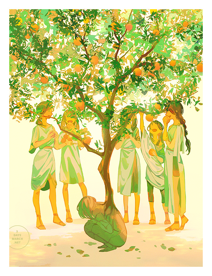 6+girls arm_up border braid branch commentary dress english_commentary faceless faceless_female food fruit fruit_tree holding holding_food holding_fruit leaf loika multiple_girls open_mouth orange_(fruit) orange_tree original ponytail sandals squatting standing symbolism tree white_border