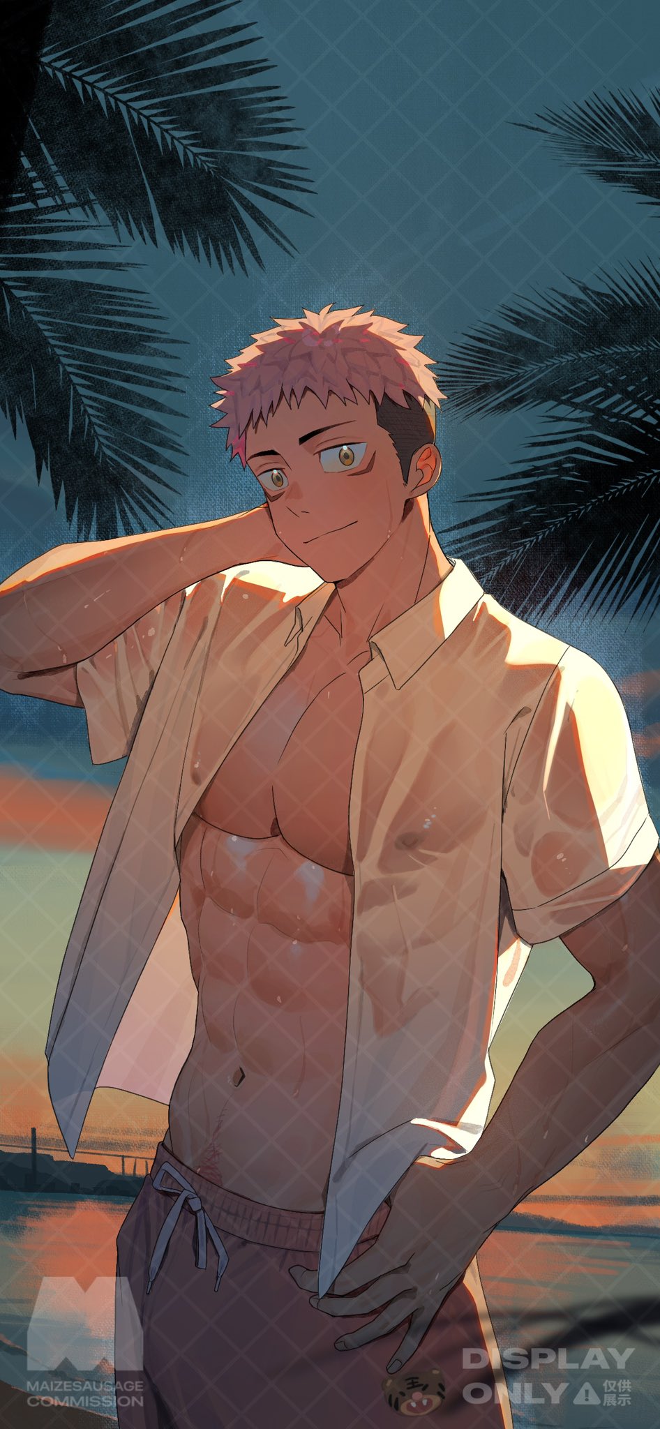 1boy abs alternate_costume arm_behind_head bara bare_pectorals beach black_hair brown_eyes facial_mark hand_on_own_hip highres itadori_yuuji jujutsu_kaisen looking_at_viewer maizesausage male_focus male_swimwear multicolored_hair navel_hair open_clothes open_shirt pectorals pink_hair red_male_swimwear shirt short_hair smile sunset swim_trunks toned toned_male two-tone_hair undercut watermark wet wet_clothes wet_shirt white_shirt