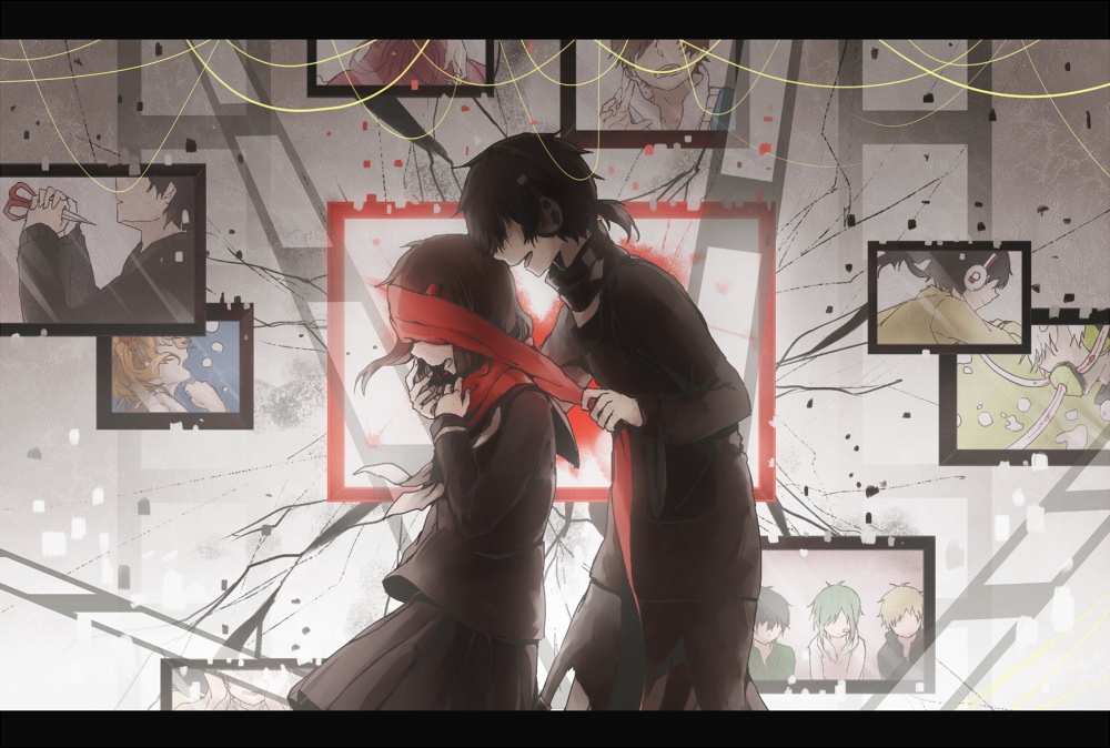 1boy 1girl amamiya_hibiya asahina_hiyori bad_id bad_pixiv_id black_hair black_jacket black_pants black_sailor_collar black_serafuku black_skirt blonde_hair blue_shirt brown_hair cardigan clothes_grab commentary covered_eyes covering_another&#039;s_eyes crack domik drawing_(object) enomoto_takane enpera faceless faceless_female faceless_male facing_another facing_to_the_side from_side green_hair grey_background hair_ornament hairclip hands_on_own_chest headphones holding holding_scissors hood hooded_jacket jacket kagerou_project kido_tsubomi kisaragi_momo kisaragi_shintarou konoha_(kagerou_project) letterboxed long_hair long_sleeves low_ponytail low_twintails mekakucity_actors neckerchief neckwear_grab no_eyes open_mouth orange_hair out_of_frame pants parted_lips picture_frame pleated_skirt ponytail red_scarf sailor_collar scarf scarf_grab school_uniform scissors serafuku seto_kousuke shirt short_hair short_ponytail skirt string tateyama_ayano twintails upper_body white_hair white_neckerchief yellow_cardigan