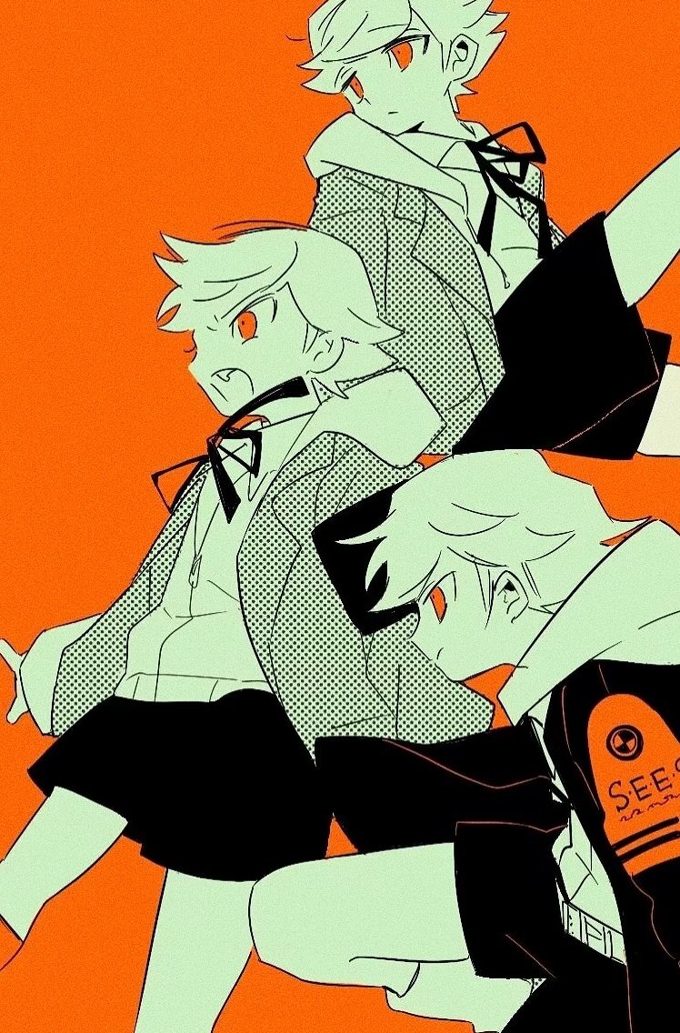 amada_ken armband fang hamusitas hood hood_down hooded_jacket jacket looking_ahead male_focus multiple_persona neck_ribbon open_clothes open_jacket open_mouth orange_background orange_eyes outstretched_arm parted_bangs persona persona_3 ribbon s.e.e.s short_hair shorts