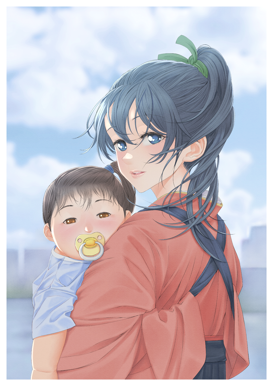 2girls aged_down baby black_hair black_hakama blue_eyes blue_sky brown_eyes brown_hair carrying_baby carrying_person cloud hakama high_ponytail highres houshou_(kancolle) japanese_clothes kaga_(kancolle) kantai_collection kimono long_hair multiple_girls outdoors pacifier pink_kimono ponytail short_sidetail side_ponytail sky tasuki yuichi_(sp_sakura_yoshi)