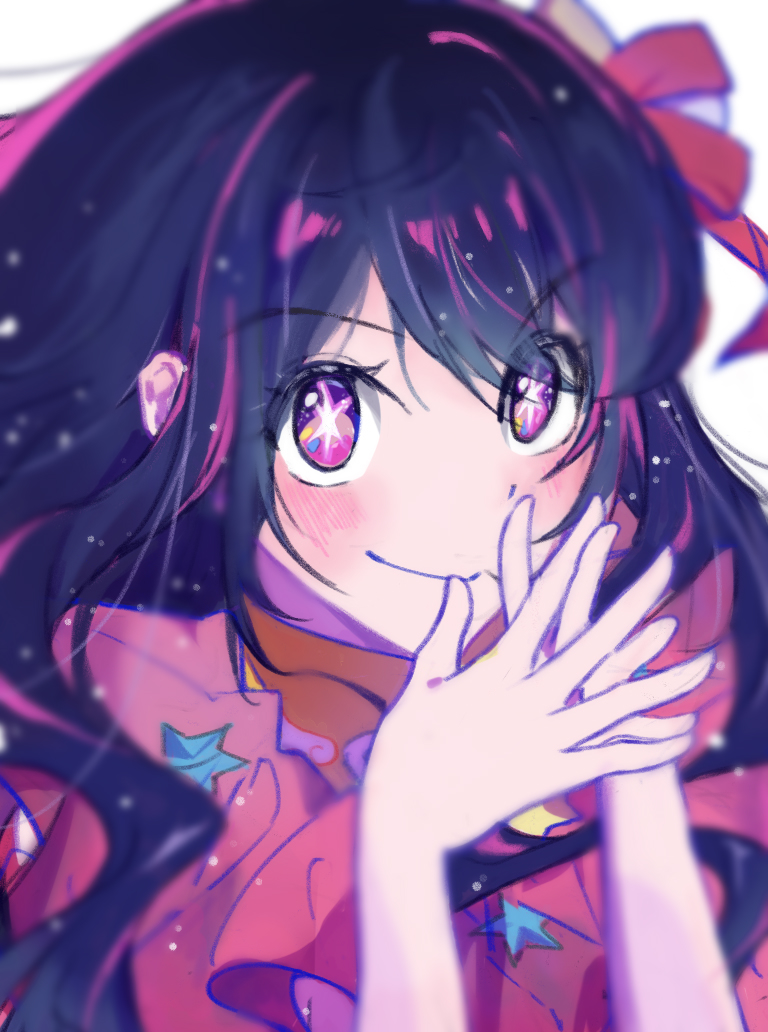1girl blush closed_mouth commentary_request hair_ribbon hand_on_own_hip hoshino_ai long_hair looking_at_viewer oshi_no_ko pink_ribbon purple_eyes purple_hair ribbon sidelocks simple_background solo star-shaped_pupils star_(symbol) symbol-shaped_pupils upper_body white_background yamabukiyuki