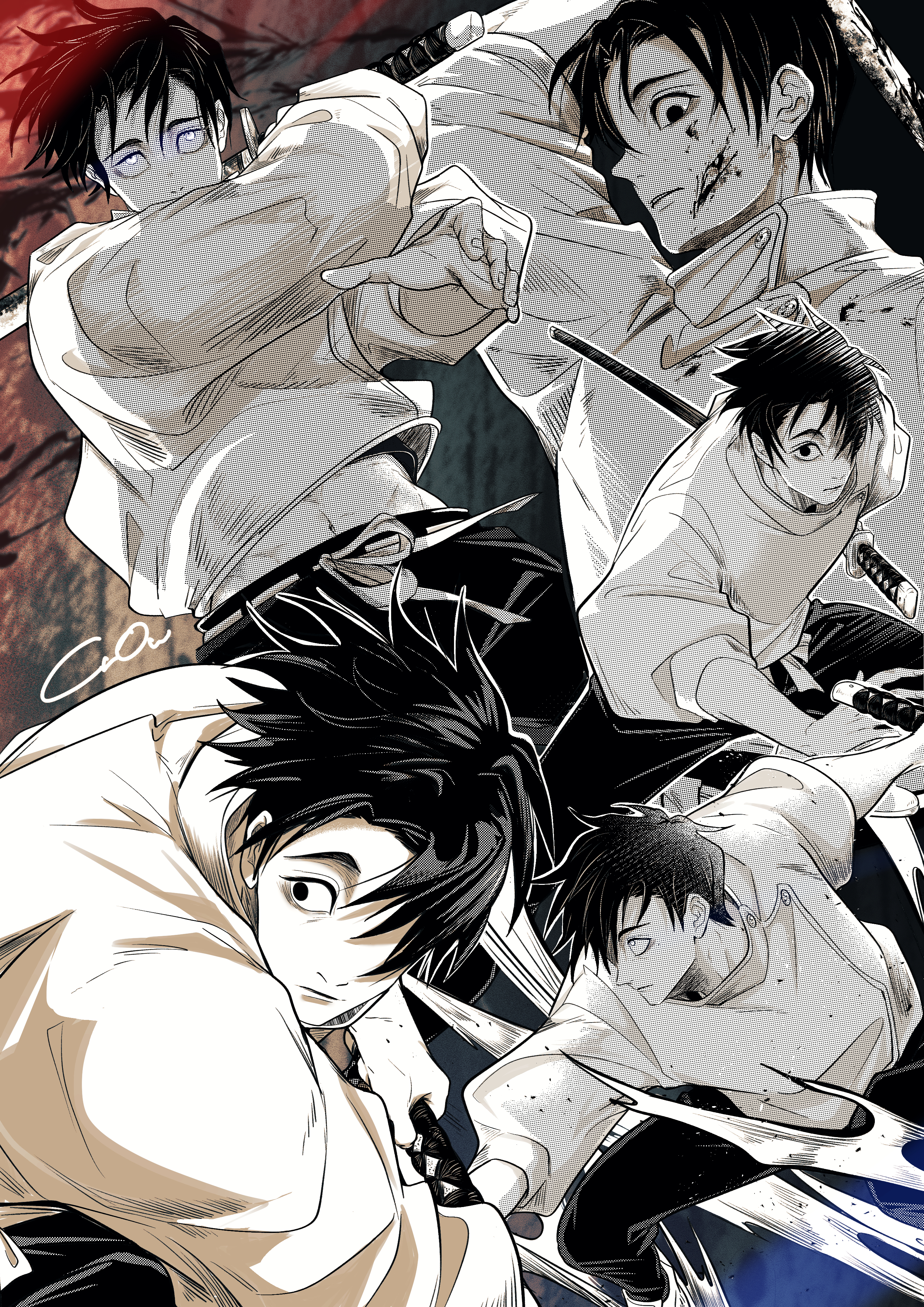 1boy absurdres belt black_eyes black_hair black_pants blood blood_on_clothes blood_on_face buttons closed_mouth hair_over_one_eye hayate_aki highres holding holding_sword holding_weapon imminent_attack jacket jujutsu_kaisen jujutsu_tech_uniform katana long_sleeves looking_at_viewer looking_down looking_to_the_side looking_up male_focus monochrome okkotsu_yuuta pants school_uniform serious short_hair solo sword weapon white_belt white_jacket