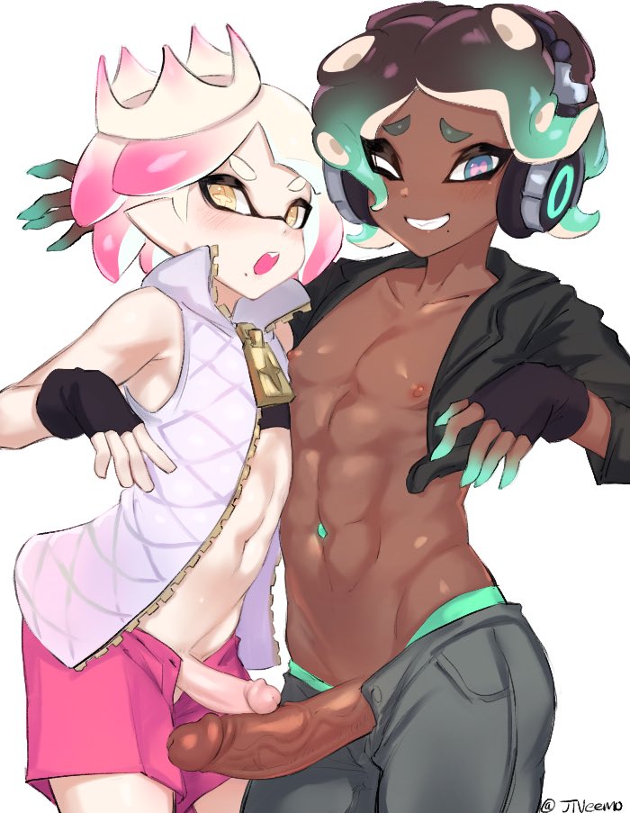 +_+ 2boys abs bad_id bad_twitter_id beak black_hair blush cephalopod_eyes collared_vest commentary cropped_vest crown dark-skinned_male dark_skin english_commentary erection fingerless_gloves genderswap genderswap_(ftm) gloves green_eyes grin headphones huge_penis inkling jacket jtveemo looking_at_viewer male_focus marina_(off_the_hook_outfit)_(splatoon) marina_(splatoon) medium_penis mole mole_under_mouth multiple_boys muscular navel navel_piercing nintendo nipples octoling one_eye_closed open_clothes open_jacket open_mouth pants pearl_(off_the_hook_outfit)_(splatoon) pearl_(splatoon) penis penis_size_difference penises_touching piercing pink_pupils shorts simple_background smile splatoon_(series) splatoon_2 suction_cups symbol-shaped_pupils tentacle_hair uncensored veins veiny_penis vest white_background white_hair wink yaoi yellow_eyes zipper