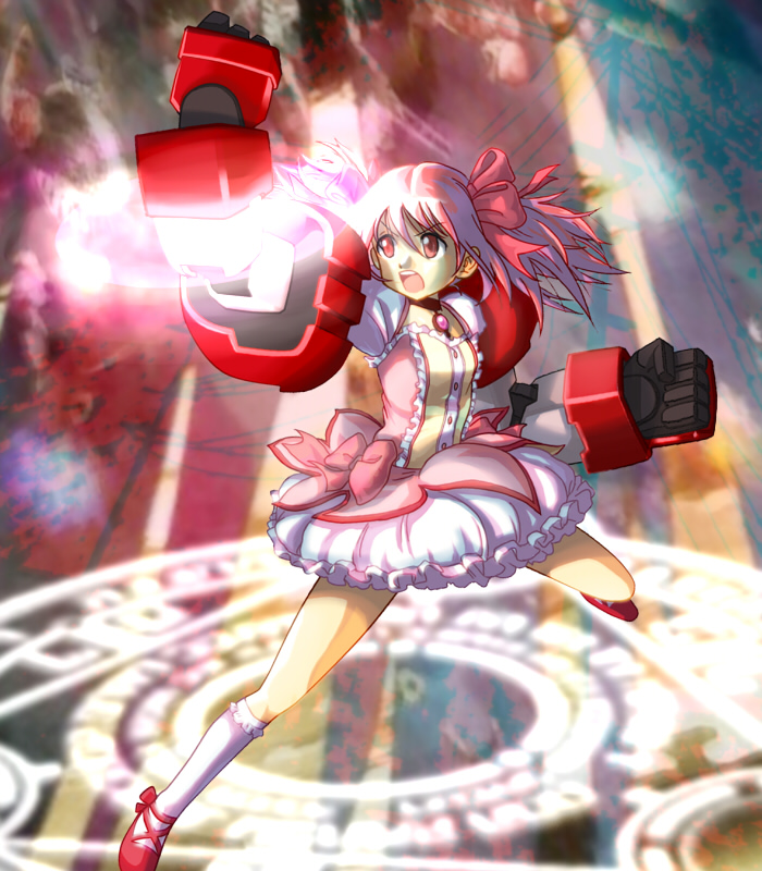 10s 1girl angry armor bubble_skirt clenched_hand dress female_focus fighting_stance fusion gundam gundam_age gundam_age-1 gundam_age-1_titus kaname_madoka kaname_madoka_(magical_girl) kneehighs magical_girl mahou_shoujo_madoka_magica mahou_shoujo_madoka_magica_(anime) matirine mecha mecha_musume mechanical_arms open_mouth pink_hair robot short_twintails skirt socks solo standing twintails