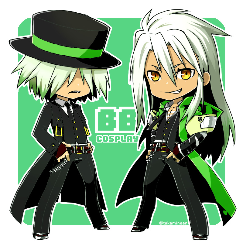 2boys bad_id bad_pixiv_id belt black_coat black_hat black_neckwear black_pants blazblue coat cosplay dezel_(tales) formal_clothes full_body green_background green_coat green_hair grin hair_over_eyes hands_on_own_hips hat hazama hazama_(cosplay) long_hair looking_at_viewer male_focus multiple_boys pants simple_background smile suit takamine tales_of_(series) tales_of_zestiria tan twitter_username white_hair yellow_eyes yuuki_terumi yuuki_terumi_(cosplay) zaveid_(tales)