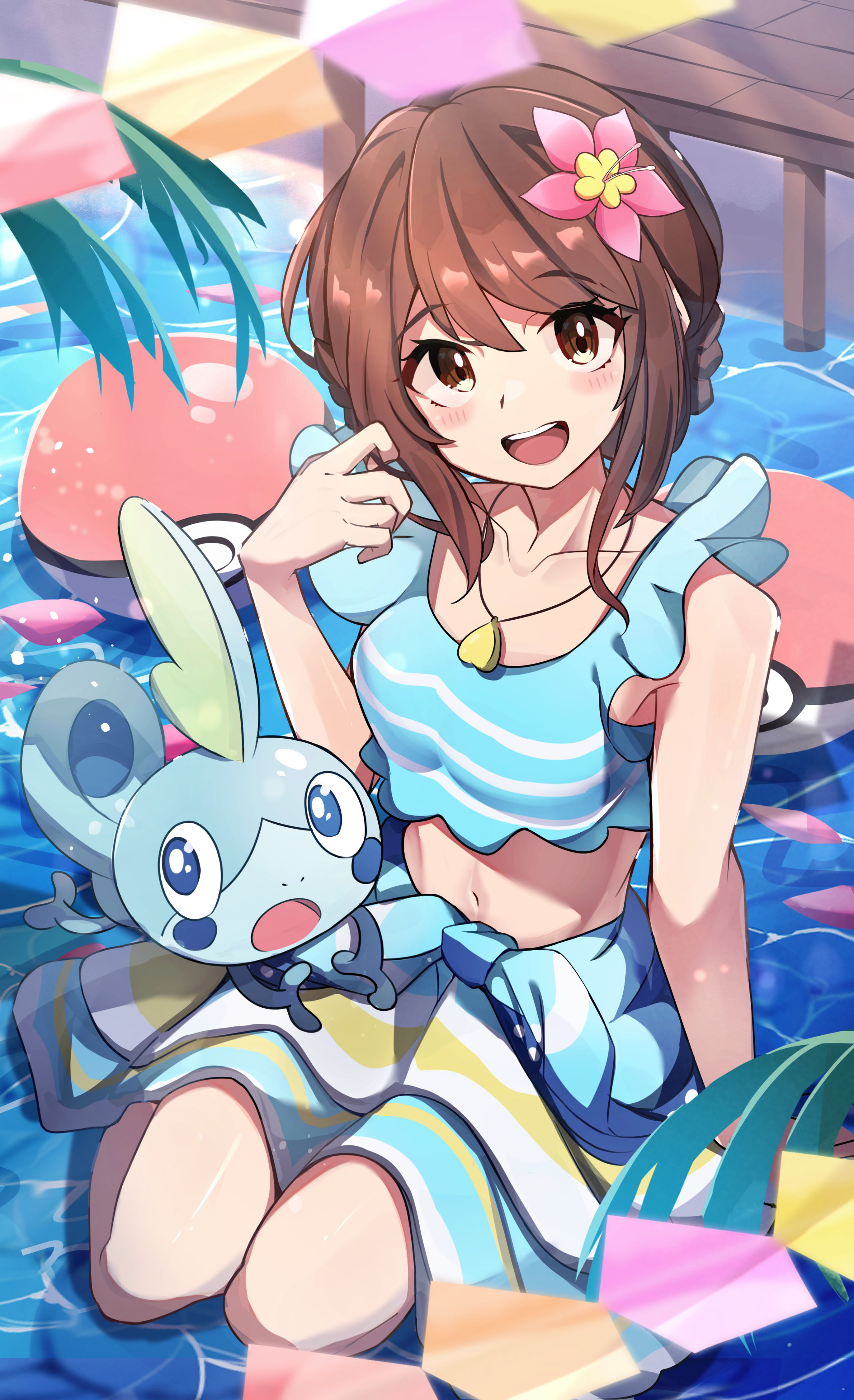 1girl :d absurdres ball beachball blue_shirt blush breasts brown_eyes brown_hair collarbone commentary_request day eyelashes flower gen_8_pokemon gloria_(pokemon) gloria_(summer_2021)_(pokemon) hair_flower hair_ornament hand_up highres jewelry looking_at_viewer medium_breasts navel necklace nintendo official_alternate_costume open_mouth outdoors pink_flower pokemon pokemon_(creature) pokemon_masters_ex sarong shiny_skin shirt sitting sleeveless sleeveless_shirt smile sobble teeth tongue umiru upper_teeth_only water
