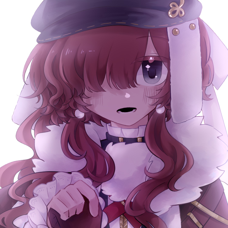 1girl black_hat blue_eyes newsboy_cap cape fur-trimmed_cape fur_trim hair_over_one_eye hands_up hat holding_hands ling_aya. long_hair open_mouth red_hair reverse:1999 solo upper_body white_background yenisei_(reverse:1999)