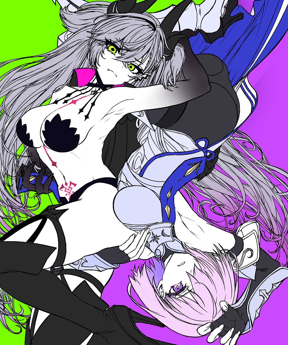 2girls armpits bare_shoulders black_hands black_panties black_thighhighs body_markings breasts choker cleavage colored_extremities crossed_bangs demon_girl demon_horns demon_wings ear_piercing fate/grand_order fate_(series) green_eyes grey_hair hair_between_eyes hair_over_one_eye highres horns large_breasts lilith_(fate) lilith_(second_ascension)_(fate) long_hair looking_at_viewer mash_kyrielight mash_kyrielight_(paladin) medium_breasts multiple_girls navel panties piercing pink_hair pointy_ears purple_eyes satou_nui short_hair spoilers spot_color stomach_tattoo tattoo thighhighs thighs twintails underwear very_long_hair wings