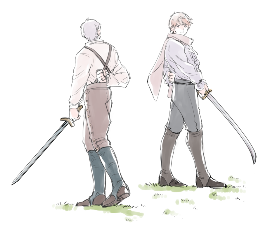 2boys arm_behind_back axis_powers_hetalia back baggy_pants belt black_belt black_footwear blonde_hair boots brown_footwear brown_pants clenched_hand closed_mouth commentary_request frills full_body goro_nyanko grass grey_hair grey_shirt holding holding_sword holding_weapon long_sleeves looking_at_another multiple_boys pants prussia_(hetalia) puffy_long_sleeves puffy_sleeves purple_eyes russia_(hetalia) scarf shirt short_hair simple_background smile standing suspenders sword weapon white_background white_scarf white_shirt