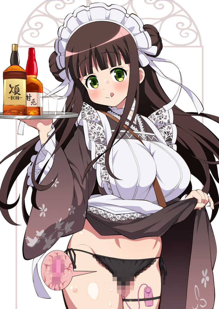 1girl apron black_panties blush breasts brown_hair brown_kimono censored clothes_lift egg_vibrator floral_print gochuumon_wa_usagi_desu_ka? green_eyes hemonemo holding holding_tray japanese_clothes kimono kimono_lift large_breasts lifting_own_clothes long_hair long_sleeves looking_at_viewer maid_headdress mosaic_censoring object_insertion panties sex_toy smile solo thigh_strap tongue tongue_out tray ujimatsu_chiya underwear vaginal vaginal_object_insertion vibrator vibrator_under_clothes vibrator_under_panties white_apron wide_sleeves x-ray