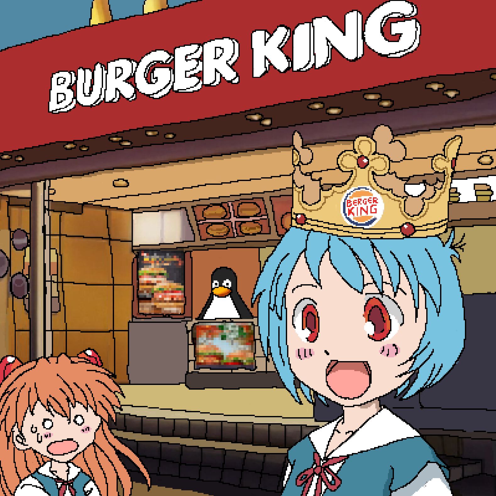 2girls ayanami_rei bird blue_hair burger_hair_ornament burger_king fast_food food-themed_hair_ornament grin hair_ornament highres linux looking_at_another looking_at_viewer mayooiiiii meme multiple_girls neon_genesis_evangelion open_mouth orange_hair penguin rebuild_of_evangelion red_eyes restaurant school_uniform smile souryuu_asuka_langley surprised sweatdrop tagme tokyo-3_middle_school_uniform tux what