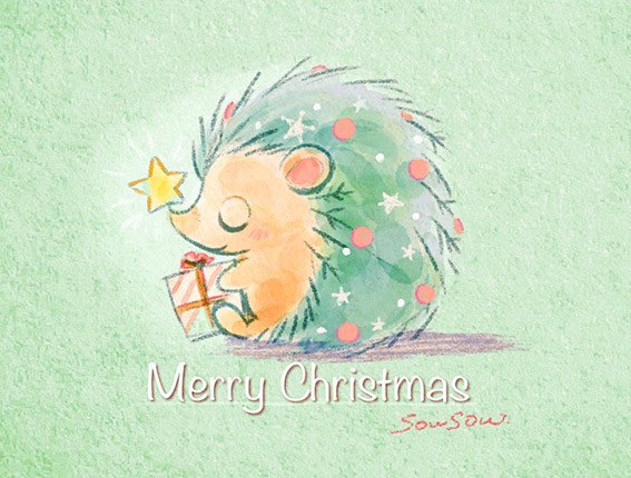 animal_focus artist_name blush box closed_eyes commentary gift gift_box green_background hedgehog holding merry_christmas no_humans original profile sitting smile sowsow star_(symbol) symbol-only_commentary