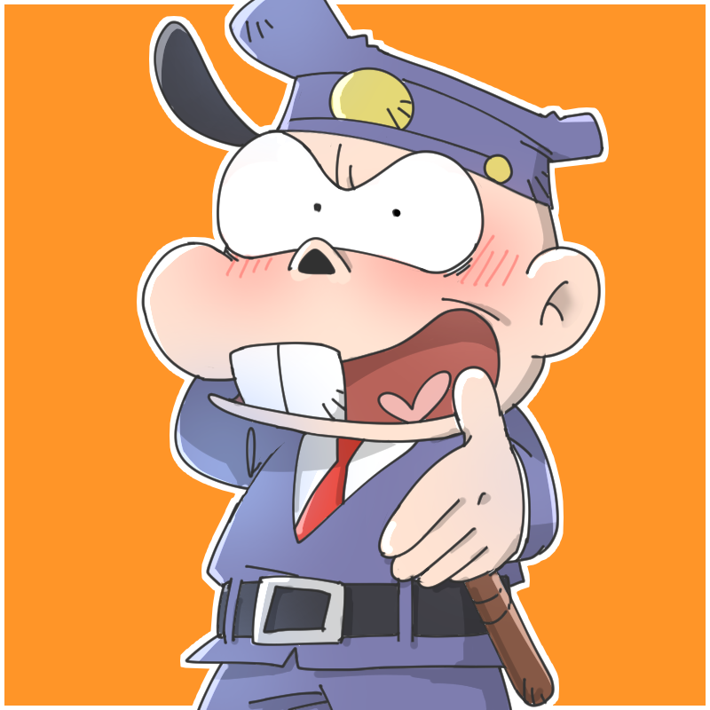 1boy arm_behind_head bad_id bad_twitter_id baton buck_teeth endou_(endo_solt) heart heart_in_mouth male_focus omawarisan_(tensai_bakabon) orange_background outstretched_hand police simple_background smile solo teeth tensai_bakabon