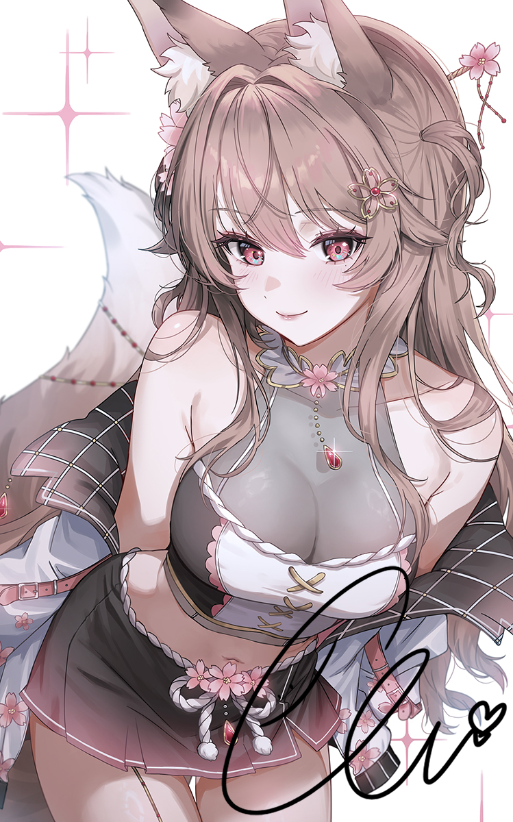 1girl animal_ears armpit_crease bare_shoulders black_skirt breasts brown_hair cleavage closed_mouth collar commission cowboy_shot crop_top ella_7737 fox_ears fox_tail garter_straps gradient_clothes gradient_skirt hair_ornament hairpin highres jacket large_breasts leaning_forward long_hair looking_at_viewer midriff miniskirt mole mole_under_eye navel off_shoulder original pleated_skirt red_eyes see-through_cleavage see-through_clothes shirt single_garter_strap skirt sleeveless sleeveless_shirt smile solo tail two-tone_shirt very_long_hair white_jacket white_shirt