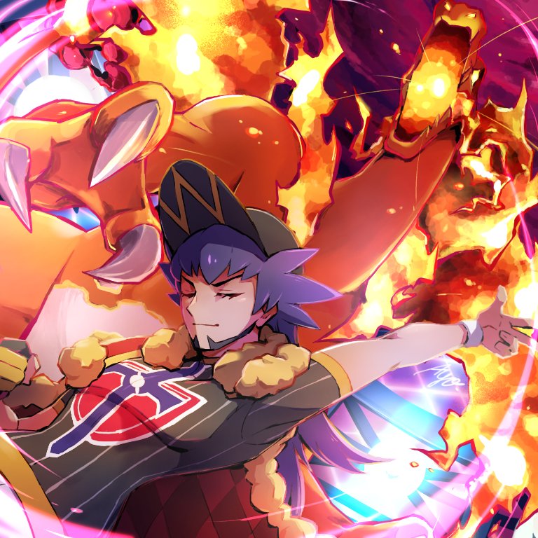 1boy argyle arm_up ayo_(ayosanri009) baseball_cap cape champion_uniform charizard charizard_pose claws clenched_hand closed_eyes closed_mouth commentary_request dark-skinned_male dark_skin facial_hair fire fur-trimmed_cape fur_trim gen_1_pokemon gigantamax gigantamax_charizard gloves hat leon_(pokemon) long_hair male_focus nintendo partially_fingerless_gloves pokemon pokemon_(creature) pokemon_swsh purple_hair red_cape shield_print shirt short_sleeves signature single_glove sword_print w