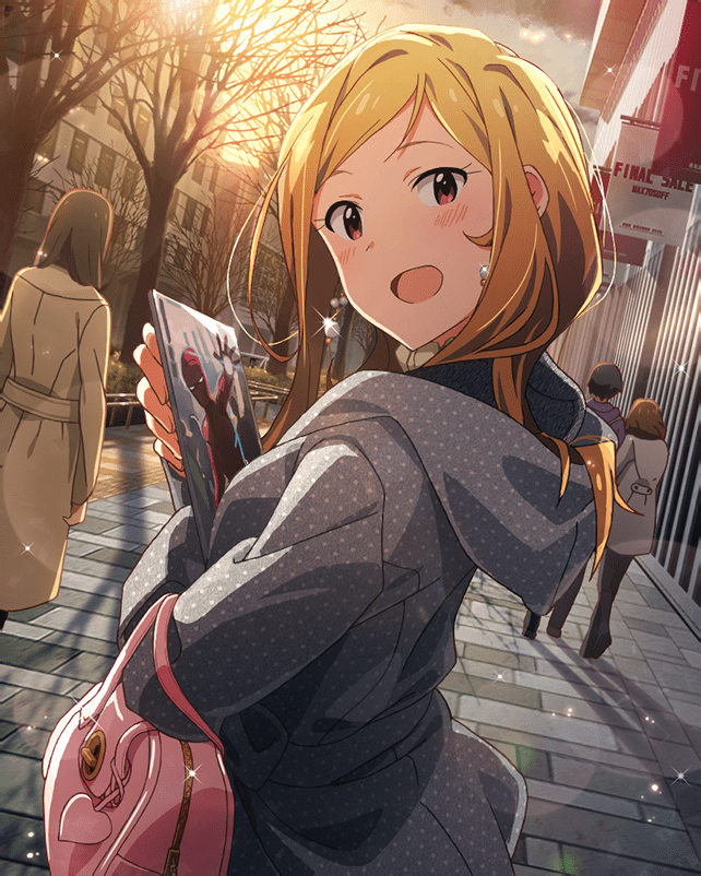 bag brown_hair building card_(medium) earrings handbag heart hood hoodie idolmaster idolmaster_million_live! idolmaster_million_live!_theater_days iron_man jewelry momose_rio official_art pink_eyes tree