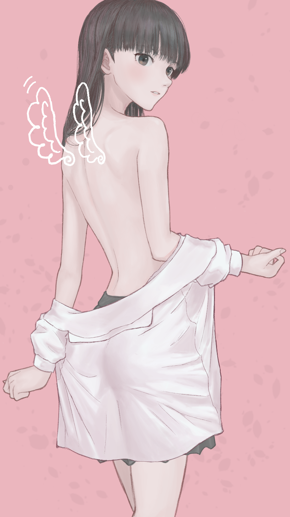 1girl amagami angel_wings ass ayatsuji_tsukasa back back_focus black_eyes black_hair blunt_bangs collared_shirt fake_wings from_behind gorirakarasu grey_skirt highres long_hair long_sleeves looking_back no_bra off_shoulder parted_lips pink_background pleated_skirt shirt shoulder_blades simple_background skirt solo standing straight_hair undressing white_shirt wings