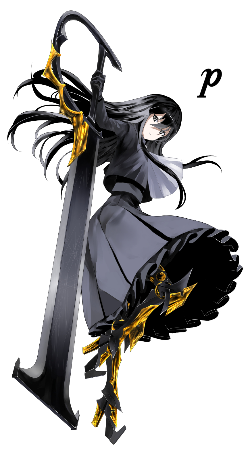 1girl bad_id bad_pixiv_id black_boots black_dress black_eyes black_gloves black_hair boots dress female_focus full_body gloves hand_up highres holding holding_sword holding_weapon knee_boots long_hair looking_at_viewer original personification piano_(symbol) simple_background solo sword tsuki-shigure very_long_hair weapon white_background