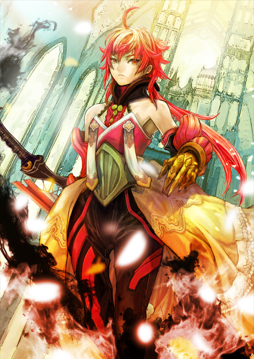 1boy arm_at_side asai_genji bare_shoulders bishounen black_pants brahmastra_(fate/grand_order) closed_mouth elbow_gloves fate/grand_order fate_(series) feet_out_of_frame gloves gorget hair_between_eyes halterneck hand_up holding holding_sword holding_weapon long_hair looking_to_the_side low_ponytail male_focus official_art pants ponytail rama_(fate) red_eyes red_hair sidelocks solo sword third-party_source v-shaped_eyebrows variant_set weapon