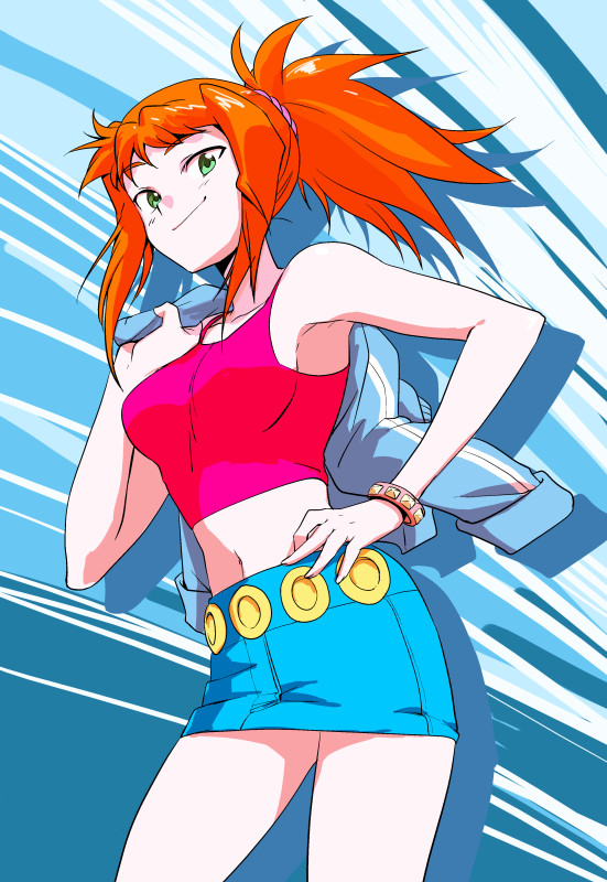 00s 1girl aoba_(smartbeat) blouse breasts female_focus green_eyes holding holding_jacket holding_unworn_clothes jacket large_breasts long_hair my-hime orange_hair ponytail red_hair red_shirt shirt skirt smile solo sugiura_midori unworn_jacket