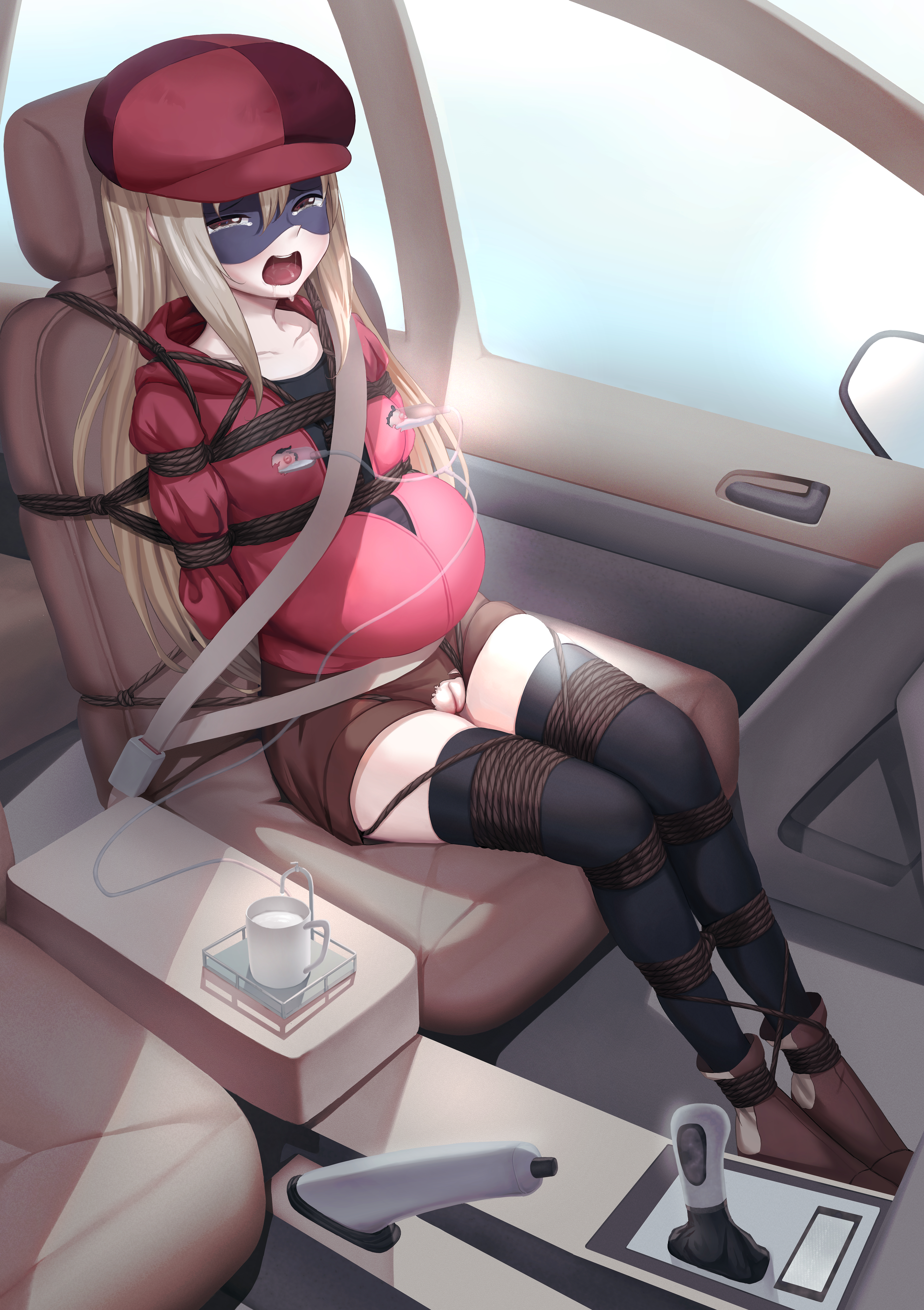 1girl absurdres ahegao arms_behind_back bdsm black_shirt black_thighhighs big_belly blonde_hair blush bondage boots bound bound_arms bound_legs bound_torso breast_milk breasts brown_eyes car car_interior collarbone crotch_rope crying crying_with_eyes_open disguise doma_umaru drooling female_focus flat_chest hair_between_eyes hat highres himouto!_umaru-chan himouto!_umaru-chan_r huge_filesize indoors jacket lactation long_hair looking_ahead looking_at_viewer looking_to_the_side mask mirror motor_vehicle nipple_cutout nipples open_mouth outdoors ponytail pregnant public_bondage public_indecency pussy pussy_cutout red_hat red_jacket saliva saliva_trail seatbelt sex_toy shibari shibari_over_clothes shirt short_shorts shorts sidelocks skin_tight skindentation small_breasts solo tabby_(8401431) tearing_up tears teeth thighhighs thighs tongue tongue_out torn_clothes uncensored very_long_hair zettai_ryouiki