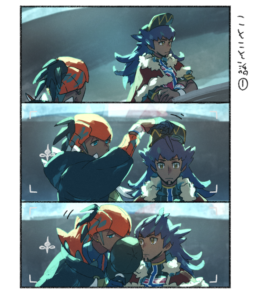 2boys baseball_cap black_hair black_hoodie cape champion_uniform commentary_request covering_own_mouth crossed_arms dark-skinned_male dark_skin dynamax_band earrings facial_hair fur-trimmed_cape fur_trim gloves gym_leader hat holding holding_unworn_clothes holding_unworn_hat hood hoodie jewelry leon_(pokemon) long_hair male_focus multiple_boys nintendo orange_headwear pokemon pokemon_swsh purple_hair raihan_(pokemon) red_cape shirt single_glove suruga_dbh translation_request undercut unworn_hat unworn_headwear yellow_eyes