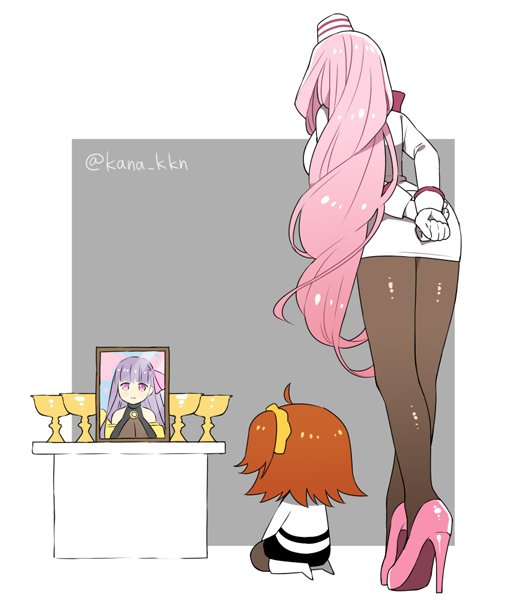 2girls altar arms_behind_back black_pantyhose choker fate/grand_order fate_(series) fujimaru_ritsuka_(female) gloves hat high_heels holy_grail iei kaidou_j1 koyanskaya_(fate) koyanskaya_(foreigner)_(first_ascension)_(fate) long_hair looking_away multiple_girls orange_hair pantyhose passionlip_(fate) photo_(object) pink_hair pink_legwear ribbon_choker scrunchie seiza short_hair side_ponytail simple_background sitting skirt tamamo_(fate) twitter_username very_long_hair