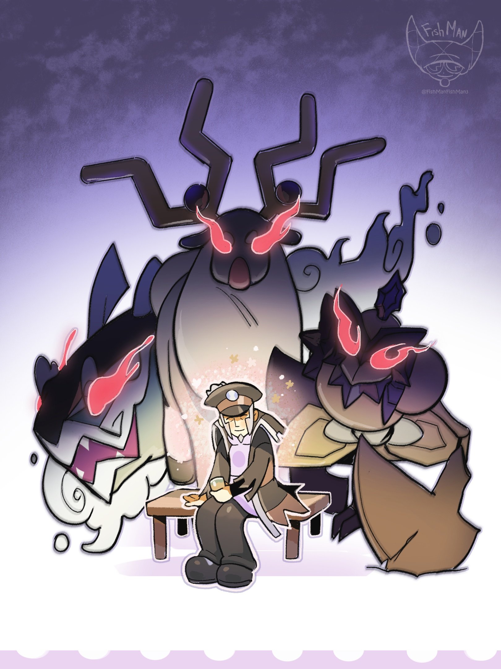 1boy antlers artist_name basculegion basculegion_(female) commentary deer english_commentary fish fishmanfishman3 glowing glowing_eyes gradient_background green_background highres horns ingo_(pokemon) kleavor nintendo on_bench open_mouth pokemon pokemon_(creature) pokemon_legends:_arceus red_eyes sharp_teeth sitting teeth twitter_username wyrdeer