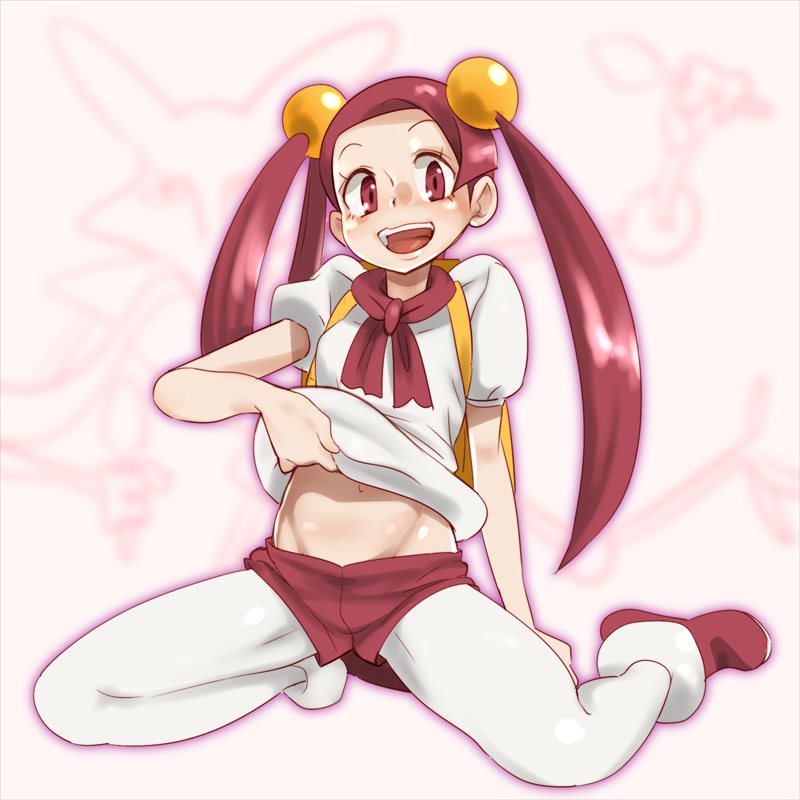 1girl :d alakazam asymmetrical_hair backpack bad_id bad_pixiv_id bag bare_arms boots clothes_lift female_focus full_body gen_1_pokemon groin hair_bobbles hair_ornament hair_rings kneeling legs_apart lifting_own_clothes long_hair looking_at_viewer mira_(pokemon) navel nintendo open_mouth pantyhose pantyhose_under_shorts pink_boots pink_eyes pink_hair pink_shorts pokemon pokemon_(creature) pokemon_dppt puffy_short_sleeves puffy_sleeves raised_eyebrows shirt shirt_lift short_sleeves shorts side_ponytail smile solo stomach teeth tongue when_you_see_it white_pantyhose white_shirt zaitsu